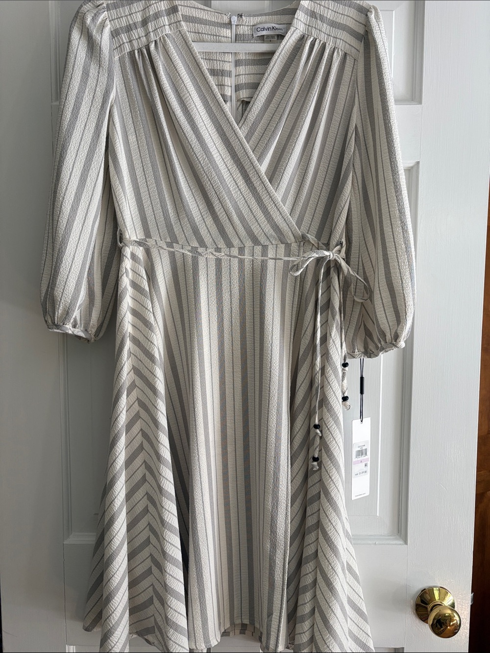 Calvin Klein Cream and Gray Striped Midi Wrap Dress